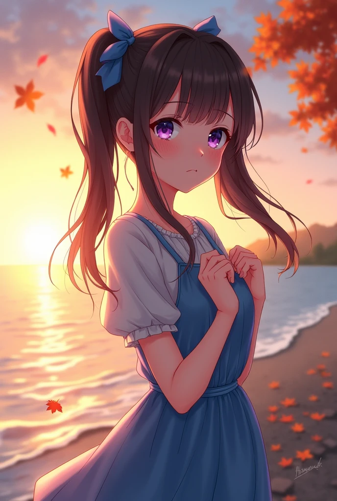 a serene and beautifully detailed illustration of a young woman standing by the seaside at sunset. She has long, dark brown hair tied in twin ponytails with a blue ribbon that matches the blue dress she is delicately adjusting. The warm, golden light of the setting sun reflects off the calm ocean waves, casting a soft, romantic glow on her skin. Her expression is shy yet endearing, with a slight blush on her cheeks, and her purple eyes sparkle subtly in the fading daylight. The background features a tranquil ocean view with the sun dipping below the horizon, while a few autumn-colored leaves from a nearby tree gently float in the breeze. The composition blends gentle, realistic lighting with a stylized, anime-inspired character design, capturing a moment of quiet beauty and emotional depth. The overall mood is peaceful, intimate, and slightly nostalgic, evoking the feelings of a calm evening by the sea.