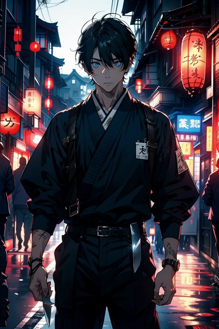 １people,male,Japanese clothing,knife,Short Hair,Two Block,Black Hair,Blue Eyes,青く光るknife,night,firefly