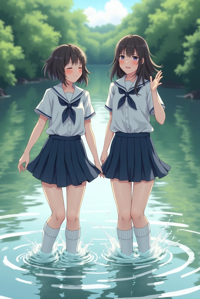 (masterpiece:1.2, best quality), (highly detailed:1.3), 2girls, schoolgirls, school uniform, upskirt, white panties, walk in water in a forest lake, wet shirt, fun, laugh, bright