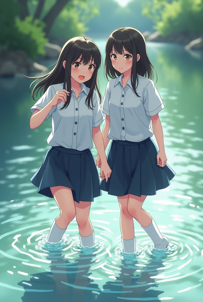 Two young women in school uniforms wearing knee-length white socks and nike air force 1 white sneakers are wading in a river. Their socks are fully drenched and soaked.