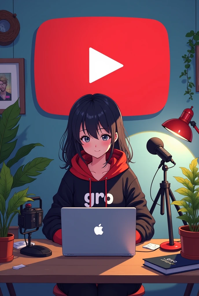 Create a image of "A 18 years anime girl sitting in front of a computer desk with a microphone and laptop, wearing black and red hoodie with the Channel Name on it "GRO". The background includes a large YouTube logo on the wall, potted plants on either side, and various recording equipment."