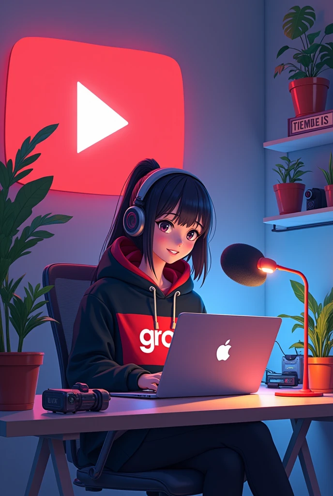 Create a image of "A 18 years anime girl sitting in front of a computer desk with a microphone and laptop, wearing black and red hoodie with the Channel Name on it "GRO". The background includes a large YouTube logo on the wall, potted plants on either side, and various recording equipment."