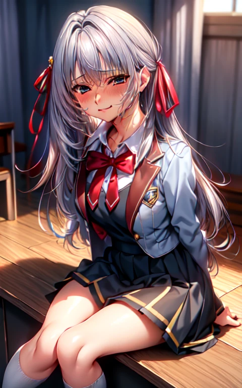 masterpiece, High resolution, Highest quality, figure, Cinematic Light, Super detailed, Detailed face, (((Detailed eyes))), Highest quality, Super detailed, masterpiece, (Detailed face), Alisa Kujou, One person, Long Hair, blue eyes, shirt, bow, ribbon, school uniform, Jacket, hair ribbon, (Gray Hair),Focus Only, bowtie, View the viewer, red bow, red ribbon, red bowtie,skirt, White knee socks, ((school uniform)), classroom,Beautiful eyes,Beautiful hands,Beautiful fingers,fingertip,Beautiful Hair