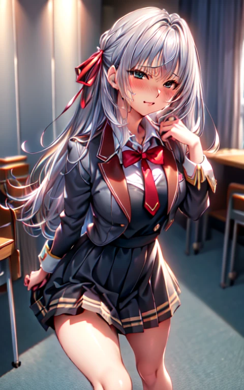 masterpiece, High resolution, Highest quality, figure, Cinematic Light, Super detailed, Detailed face, (((Detailed eyes))), Highest quality, Super detailed, masterpiece, (Detailed face), Alisa Kujou, One person, Long Hair, blue eyes, shirt, bow, ribbon, school uniform, Jacket, hair ribbon, (Gray Hair),Focus Only, bowtie, View the viewer, red bow, red ribbon, red bowtie,skirt, White knee socks, ((school uniform)), classroom,Beautiful eyes,Beautiful hands,Beautiful fingers,fingertip,Beautiful Hair