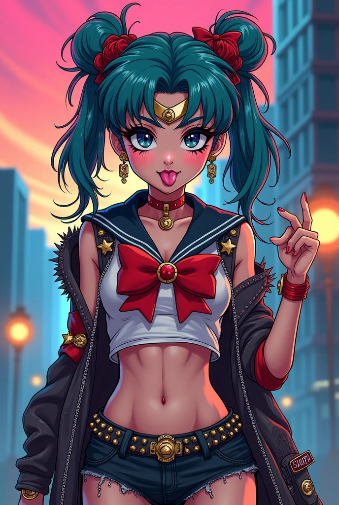 Sailor moon, punk hair and clothes, black makeup, smiling with tongue out, anime 90s style
