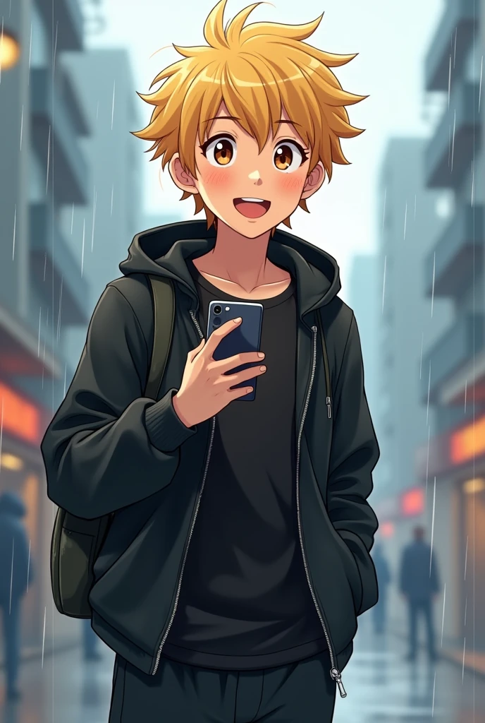 Boy 1.75 tall, with white skin, fluttering and messy blonde hair, Brown eyes, with a black long sleeve, black gym pants and wearing a black rain jacket, using his cell phone while smiling. anime style
