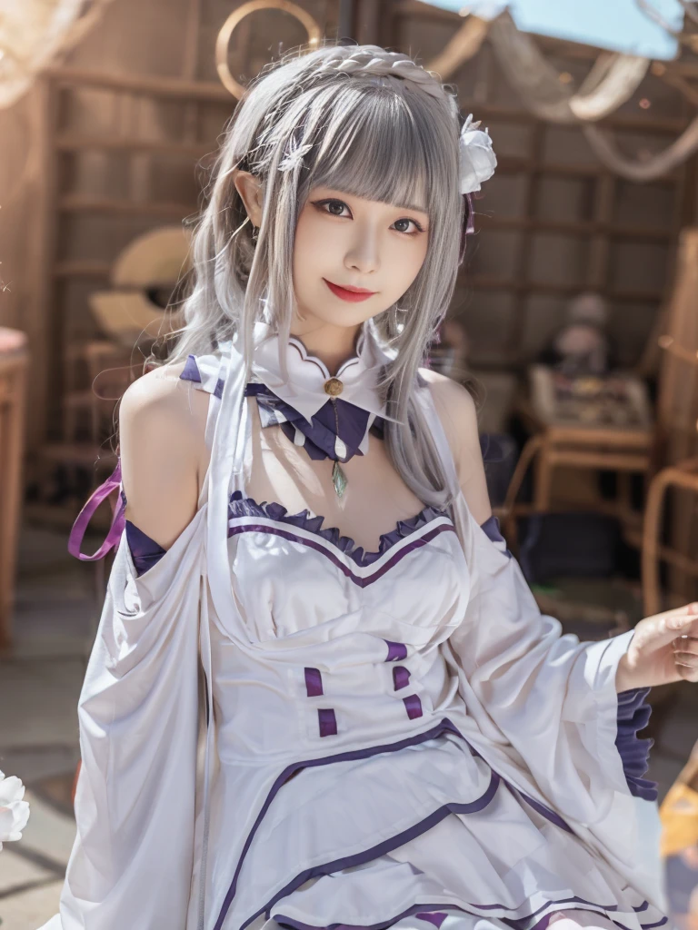 Highest quality、High resolution、Ultra-detailed、8k, Emilia、Emilia Masterpiece、Highest quality, In the castle courtyard, Bans, Clothes are white, 長いsleevemouth, just_shoulder, dull_前hair, Blurred, Blurred_background, Blurred_prospect, blush, Braid, huge breats,sexy body,chestout, chestの谷間, Closed_mouth, cloud, crown_Braiding, Tag, depth_In_Field, independent_sleeve, dress, Emilia_\(Again:Stay Night\), eyebrows_appear_Through_hair, flower柄, Precious stones, hair_flower, hair_Decorations have been removed, hair_ribbon, lens_Flare, length_hair, look up_in_Audience, low_length_hair, Moderate_chest, One_eye_Closed, Plein Air, Pleats_skirt, Spiky_ear, purple_eye, purple_ribbon, ribbon, Silver_hair, skirtの, null, Laughter, solo, very_length_hair, white_flower