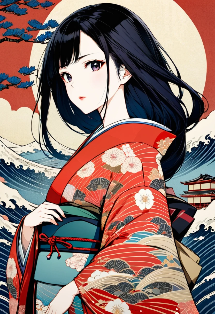 Ukiyo-e, Japanese painting, woodblock print, Beautiful woman, Long black hair, Wearing colorful kimonos, wariza, Background modern ukiyo-e style