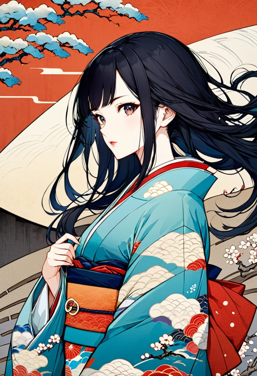 Ukiyo-e, Japanese painting, woodblock print, Beautiful woman, Long black hair, Wearing colorful kimonos, wariza, Background modern ukiyo-e style