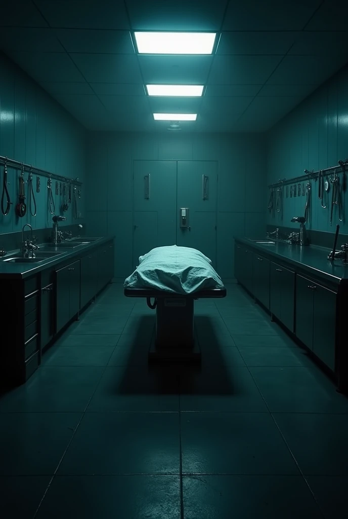 In a dark, abandoned laboratory on a distant planet, dim, flickering lights barely illuminate the scene. The walls are covered in strange, alien symbols and stained with what appears to be a viscous, dark substance. In the center, a metallic operating table is covered in ominous, blood-streaked restraints. Nearby, a grotesque, bio-mechanical creature with distorted limbs and glowing eyes lies motionless but seems to pulse with a sinister energy. Broken glass and scattered scientific equipment add to the chaotic and unsettling atmosphere, suggesting a nightmarish experiment gone horribly wrong.