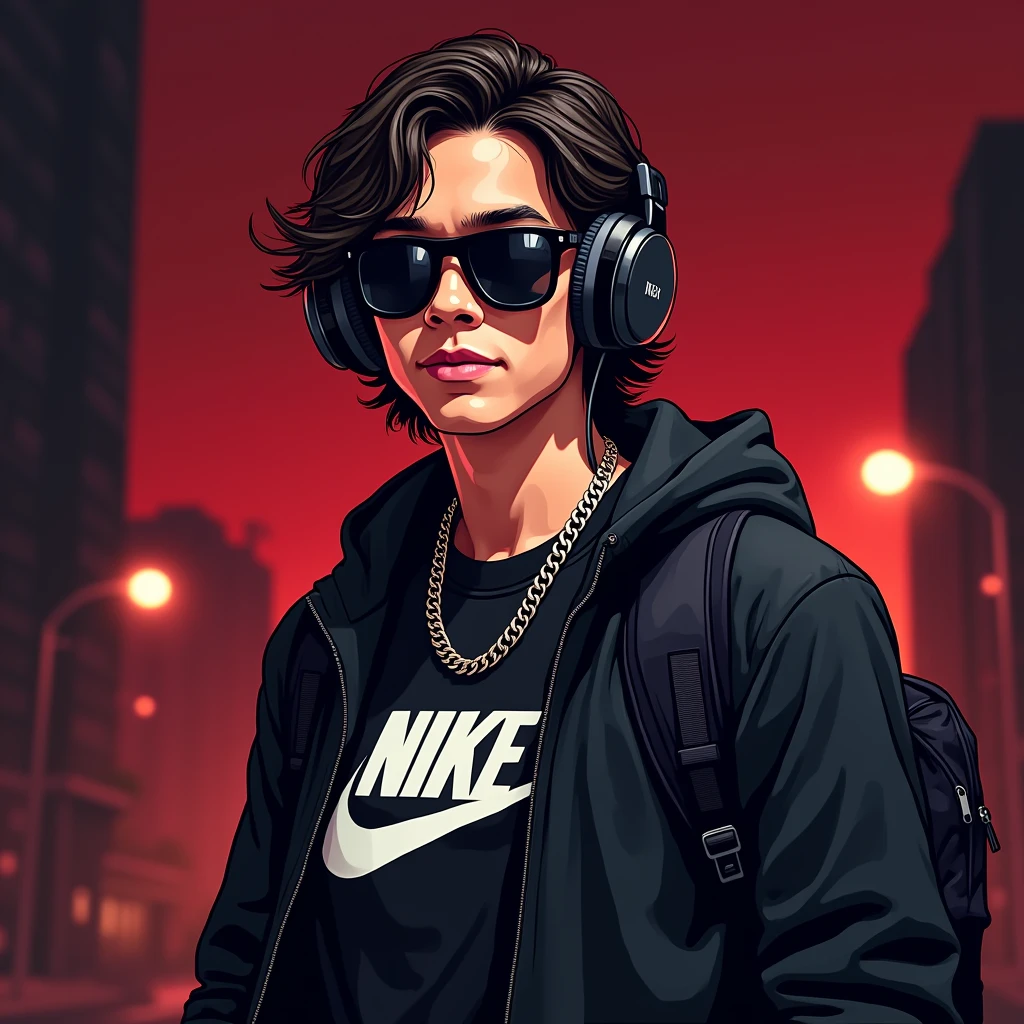  A stylized illustration, with framing from the waist up, This type of art will be based on cartoon and manga fundamentals.. A man who looks like Tom Holland in a Nike shirt, trap singer style and a background with dark colors red vibe, with headphones and a black jacket, wearing Gucci sunglasses, medium hair. with a backpack on your back 