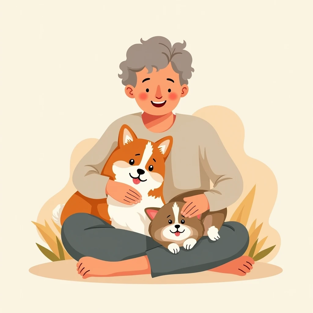 Create a logo with a man petting a corgi puppy and a ragdoll kitty on his lap, illustration, logo design