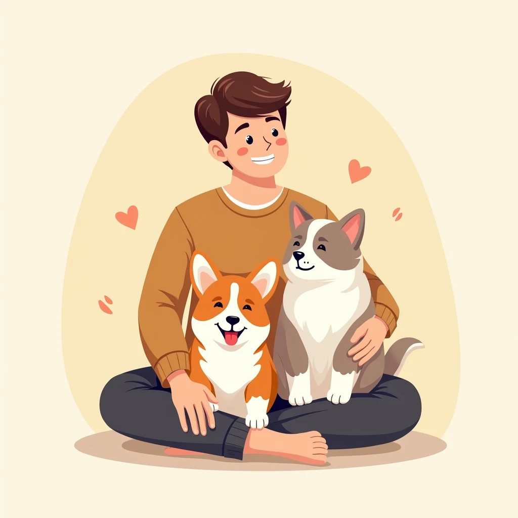Create a logo with a man petting a corgi puppy and a ragdoll kitty on his lap, illustration, logo design