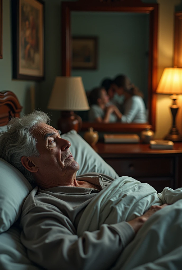 An image of an elderly man watching his daughter and son-in-law(22 year olds)that are on the couch, while they were in the room,from the mirror, and the gentleman was lying in his bed