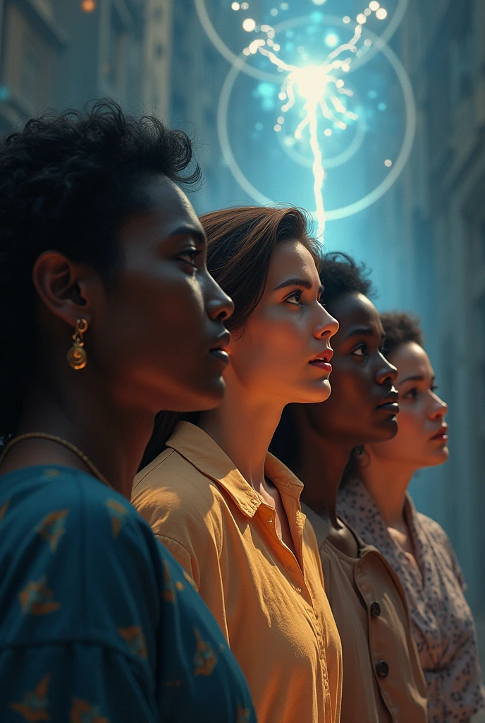 Create an image of 4 people, 2 men and two women in different parts of the world, illuminated by a mysterious light. One of the women has dark skin and one of the men is robust, has light eyes and slightly long hair.
