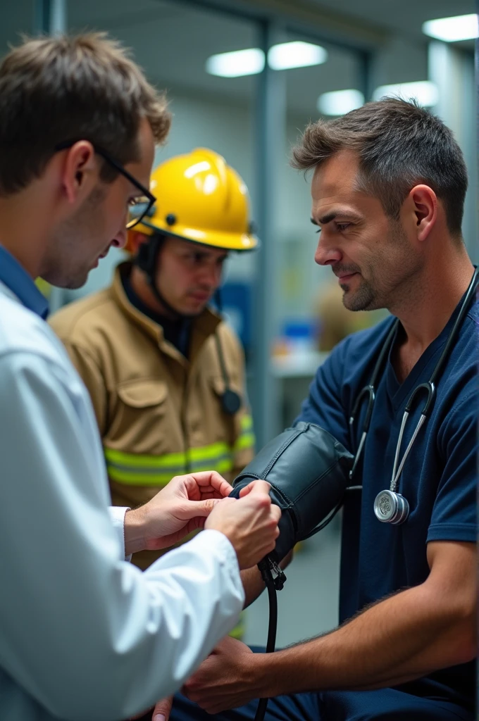 doctor taking a firefighter's blood pressure

