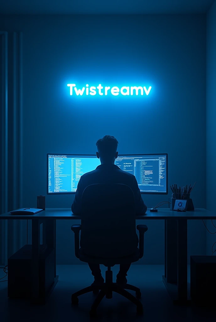 Il y a un homme assis à un bureau avec deux écrans d'ordinateur., éclairage bleu et , Post-production 8k, Post-production 8K, Éclairage bleu , Post-production 8k, Post-production 8K, composition, Cyberpunk Clay, avec éclairage cinéma, éclairage aux couleurs cinématographiques, Rendu 3D 8K tir, Portrait pris en 8K avec le logo de "Twistreamv en bleu "