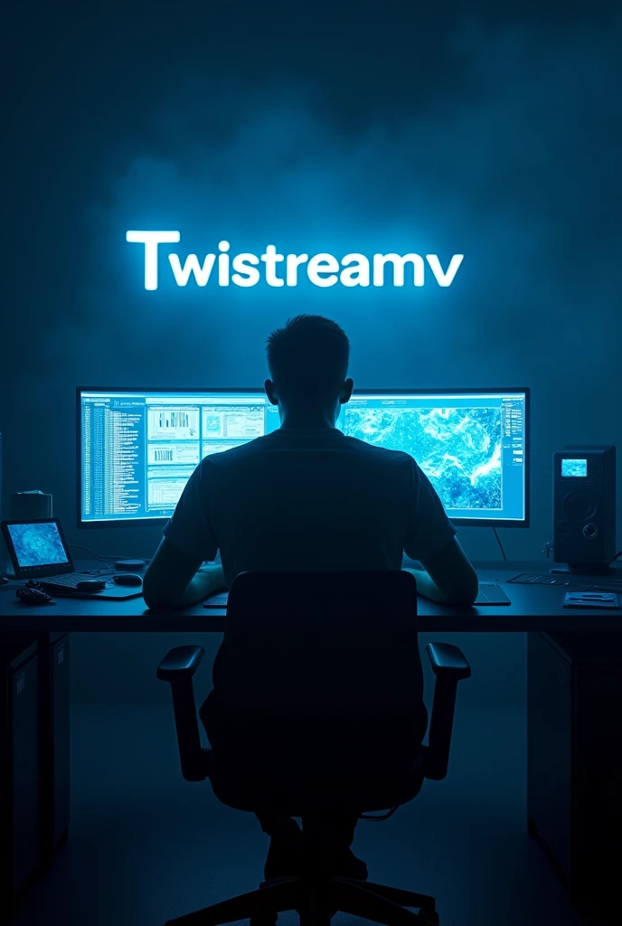 Il y a un homme assis à un bureau avec deux écrans d'ordinateur., éclairage bleu et , Post-production 8k, Post-production 8K, Éclairage bleu , Post-production 8k, Post-production 8K, composition, Cyberpunk Clay, avec éclairage cinéma, éclairage aux couleurs cinématographiques, Rendu 3D 8K tir, Portrait pris en 8K avec le logo de "Twistreamv en bleu "
