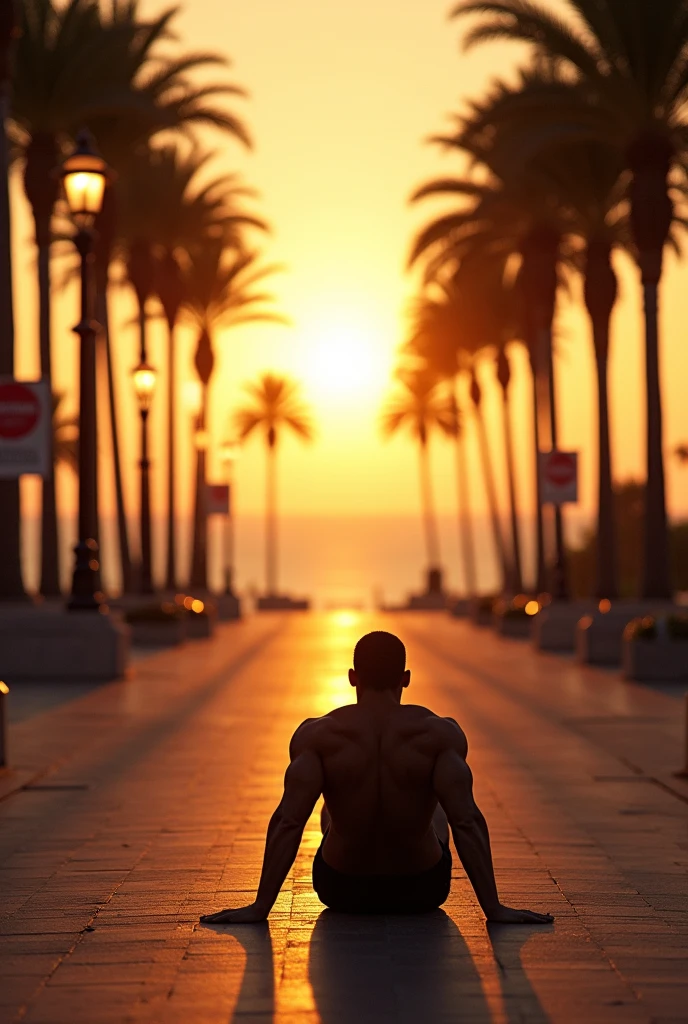 The silhouette of a man doing sit-ups on a quiet seaside avenue during sunset