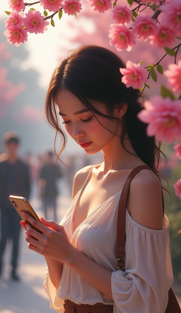 Beautiful woman, Fidgeting with smartphones, hot pants, Fragrant pink flowers, Passersby,  The finer details, Subtle tone, Silence on the screen.  
