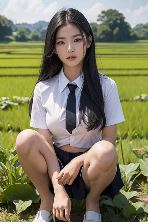 Asian、model、Black Hair、Long Hair、Big Breasts、Topless、school uniform、Paddy field、A woman lifting her clothes to reveal her breasts、On knees