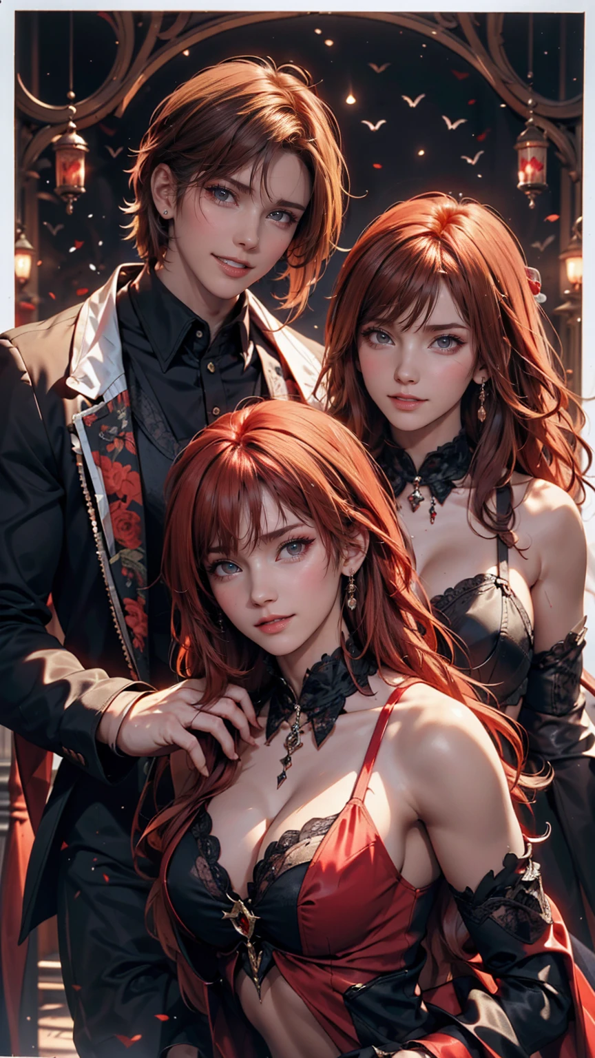 masterpiece, Highest quality, High resolution, One person, alone, Modern vampires, Redhead, Long Hair, Open Hair, Red eyes, Wicked Smile, On either side of her were two boys., both vampires with Redhead, Red and black outfit, Scary background