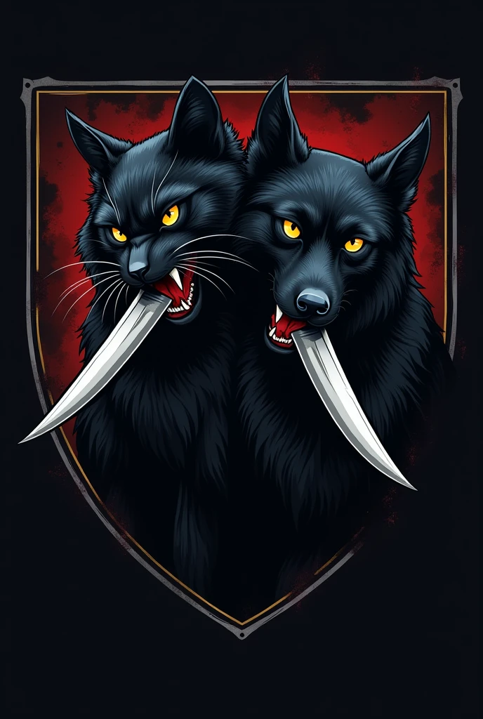 An emblem tipe, with a black cat, and a Black dog, holding a Knife in their mouth, 