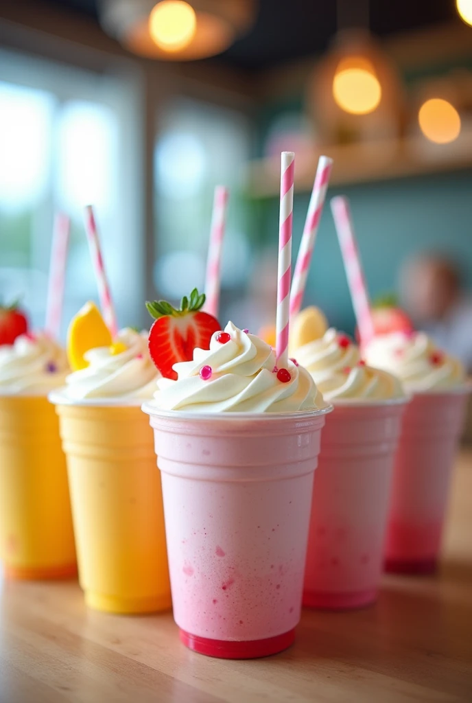 Create a milkshake menu with plastic transparent cups with a variety of flavours from cookies and cream vanilla strawberry banana mango