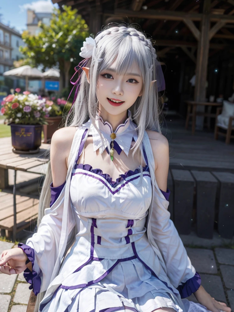 Highest quality、High resolution、Ultra-detailed、8k, Emilia、Emilia Masterpiece、Highest quality, In the castle courtyard, Bans, Clothes are white, 長いsleevemouth, just_shoulder, dull_前hair, Blurred, Blurred_background, Blurred_prospect, blush, Braid, chestout, huge breats,sexy body,chestの谷間, Closed_mouth, cloud, crown_Braiding, Tag, depth_In_Field, independent_sleeve, dress, Emilia_\(Again:Stay Night\), eyebrows_appear_Through_hair, flower柄, Precious stones, hair_flower, hair_Decorations have been removed, hair_ribbon, lens_Flare, length_hair, look up_in_Audience, low_length_hair, Moderate_chest, One_eye_Closed, Plein Air, Pleats_skirt, Spiky_ear, purple_eye, purple_ribbon, ribbon, Silver_hair, skirtの, null, Laughter, solo, very_length_hair, white_flower