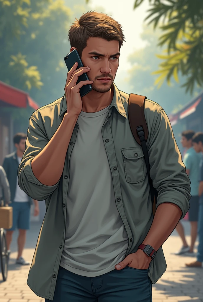 Short haired man talking on cell phone, in general plan, horizontal format