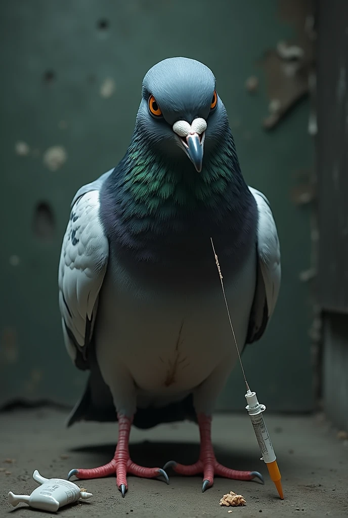 Pigeon injecting heroin in himself