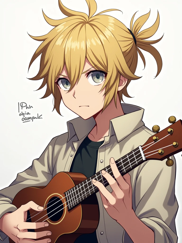 Anime man with blond hair pulled into a messy man-bun, grey eyes, pale skin, and a serious look on his face, holding up a ukulele, style of MHA
