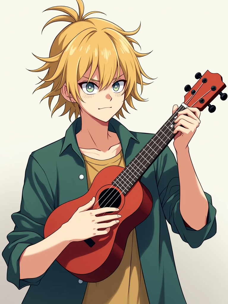 Anime man with blond hair pulled into a messy man-bun, grey eyes, pale skin, and a serious look on his face, holding up a ukulele, style of MHA