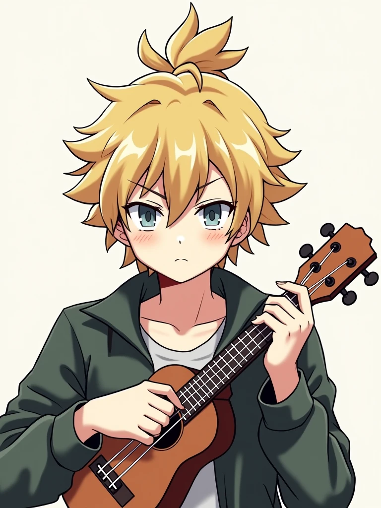 Anime man with blond hair pulled into a messy man-bun, grey eyes, pale skin, and a serious look on his face, holding up a ukulele, style of MHA