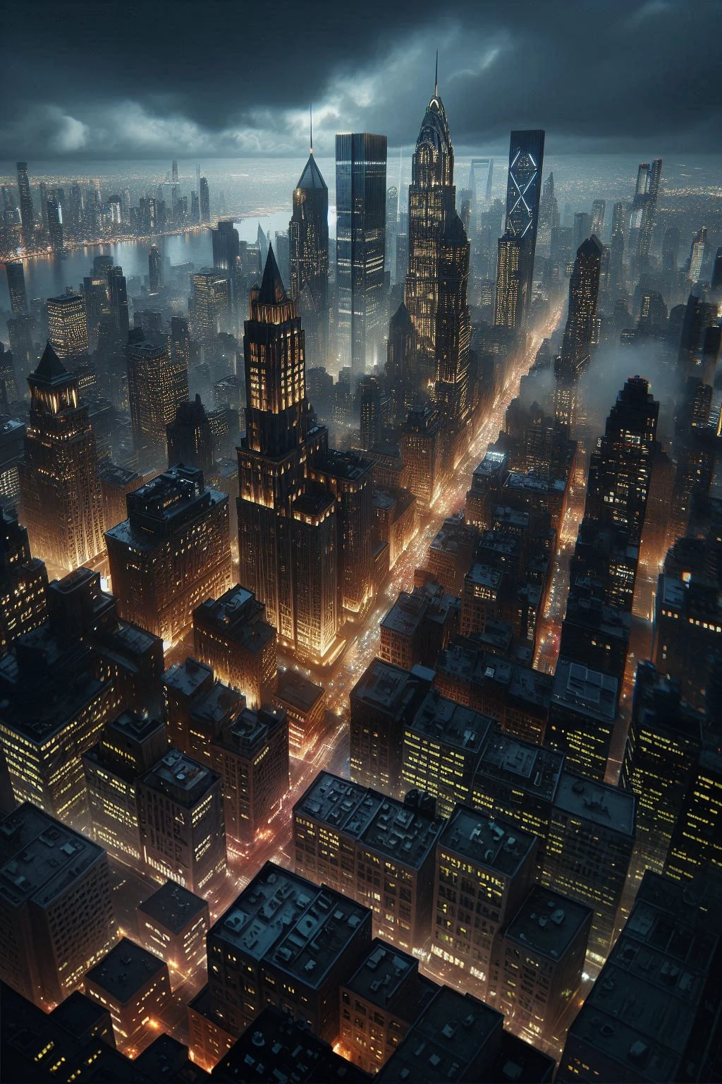 Cityscapes of Gotham City in the night, modern-old buildings, straight and bright illuminated streets.