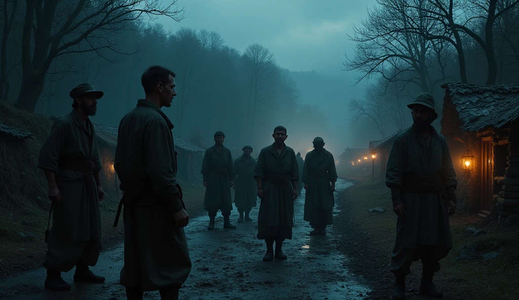 Men listen mysterious voice frome their back of village in the of evening