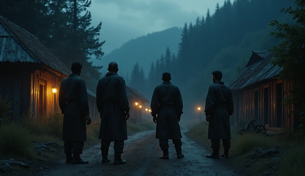 Men listen mysterious voice frome their back of village in the of evening 