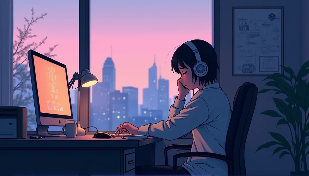 Portrait、512、Lo-Fi、Sitting in a chair with headphones on、Take a nap at your desk、close your eyes、city view outside the window、evening、pastel colour、Anime drawings