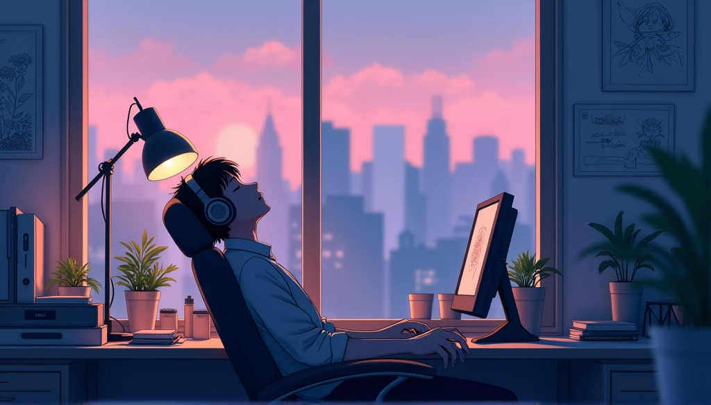Portrait、512、Lo-Fi、Sitting in a chair with headphones on、Take a nap at your desk、close your eyes、city view outside the window、evening、pastel colour、Anime drawings