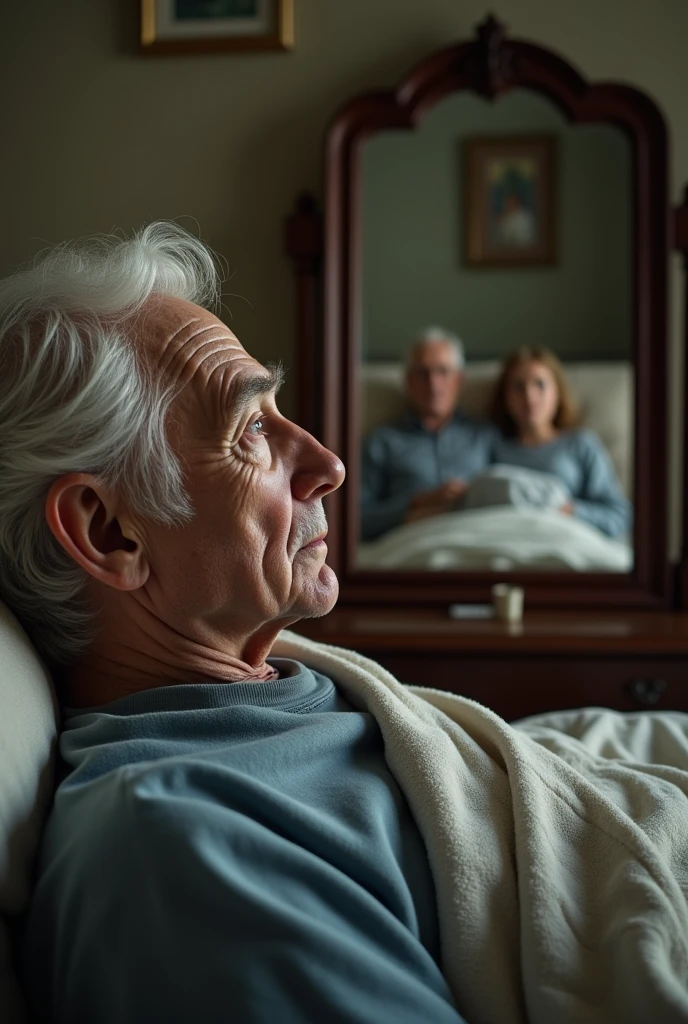 An image of an elderly man watching his daughter and son-in-law(22 year olds)that are on the couch, while they were in the room,from the mirror, and the gentleman was lying in his bed