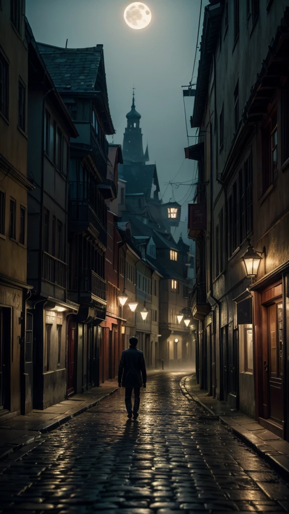 A realistic 4K cinematic image of a man named Lucas walking alone on a deserted cobblestone street at night under a full moon. The street is dimly lit, and the eerie moonlight highlights the fact that Lucas has no shadow. The scene is dark and suspenseful, with a haunting atmosphere, capturing the mysterious and supernatural vibe of a man with no shadow in an empty, foggy village.