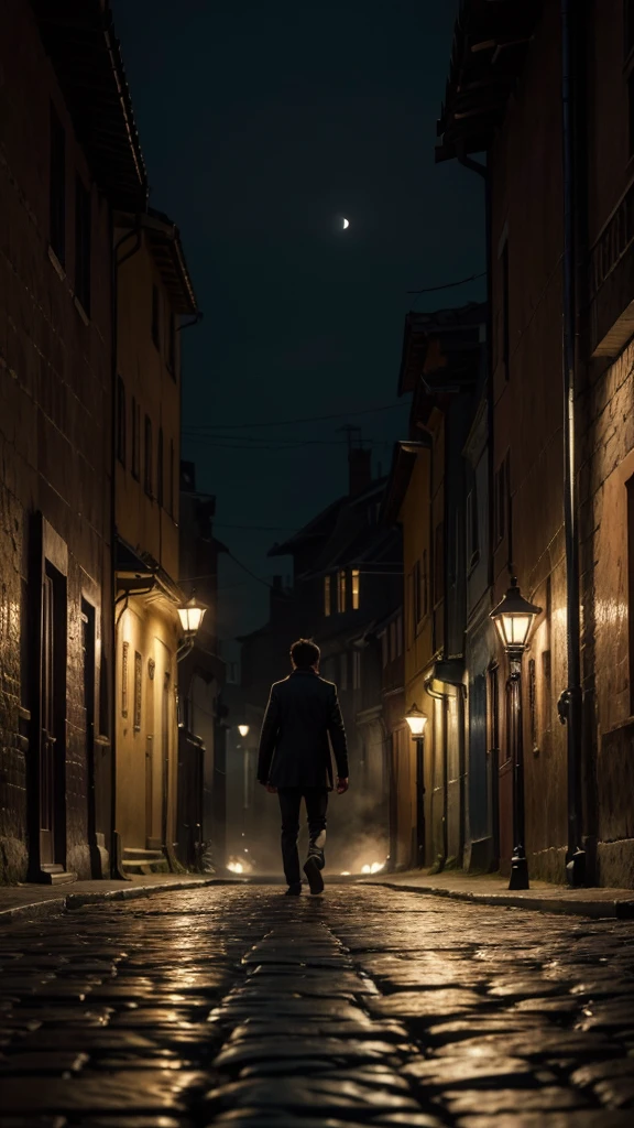 A realistic 4K cinematic image of a man named Lucas walking alone on a deserted cobblestone street at night under a full moon. The street is dimly lit, and the eerie moonlight highlights the fact that Lucas has no shadow. The scene is dark and suspenseful, with a haunting atmosphere, capturing the mysterious and supernatural vibe of a man with no shadow in an empty, foggy village.