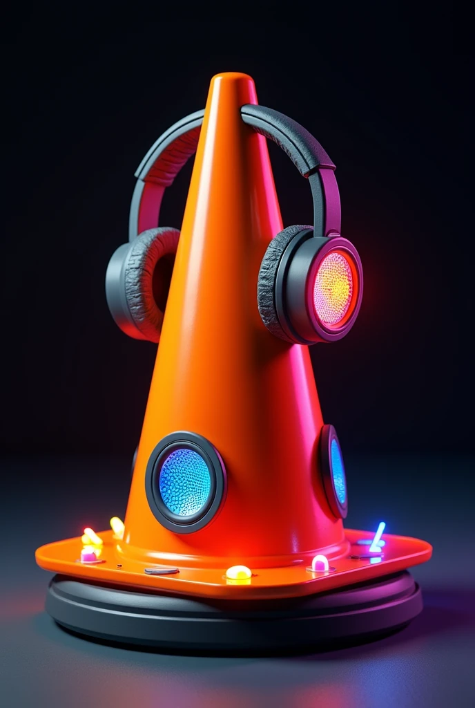 small traffic cone with dj headphones and speakers behind 