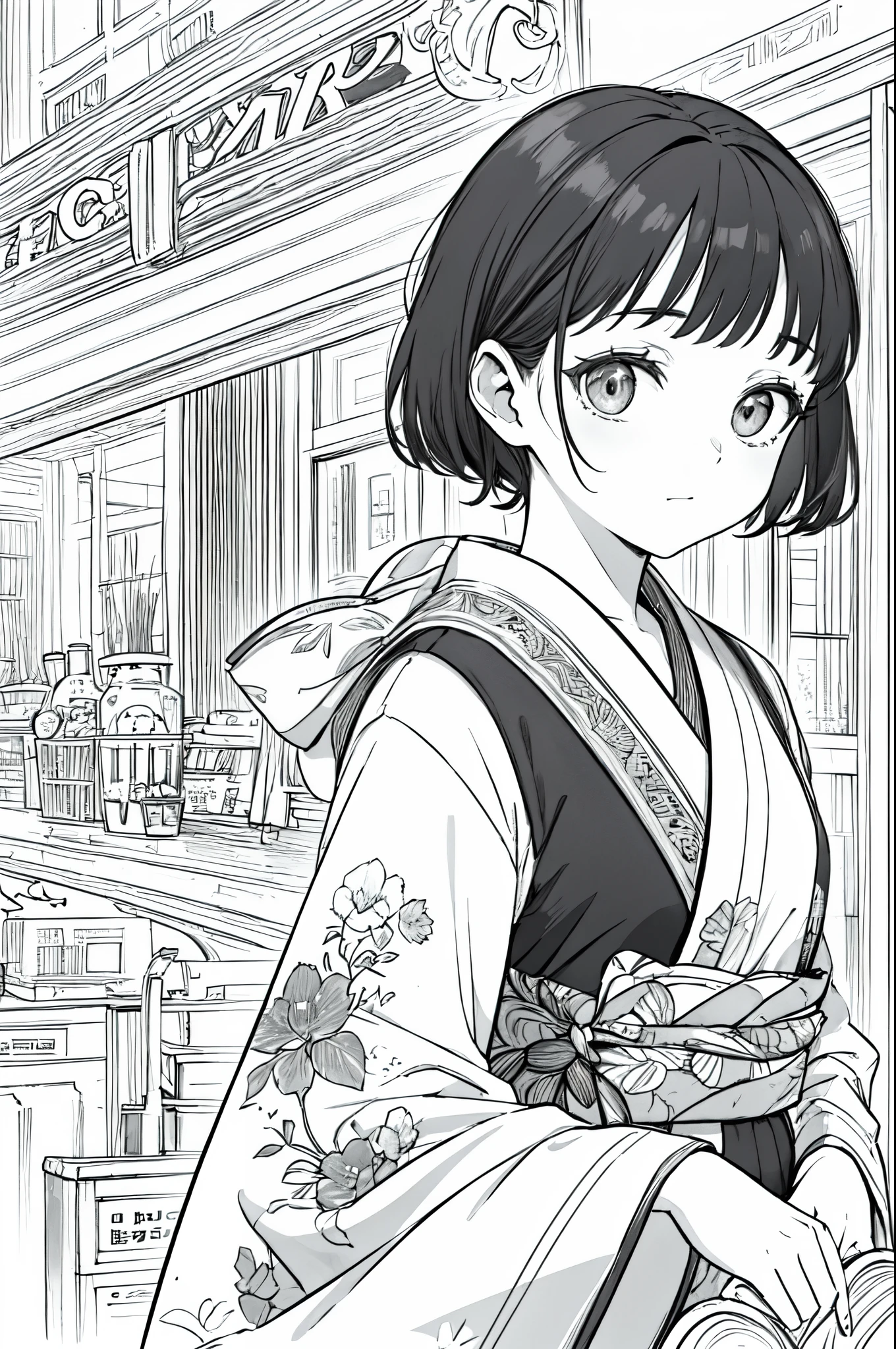 As a coloring book, white and black color, borders should be simple, clear, distinct, and thick lines, By Cartoon picture book of a beautiful Asian girl with short brown hair, (Highest quality, 16K, masterpiece: 1.3)), 1 person, Sharp focus: 1.2, Beautiful woman with perfect figure: 1.4, Slim Abs: 1.2, (((Short Bob Hair)), ((small: 1.4)), ((Beautiful Face Idol: 1.3)), (Transparent fabric kimono 1.5)), Highly detailed face and skin texture, Detailed eyes, double eyelid, (((stop temporarily)), (Fascinating)), walk, Paris cityscape, Low - Angle, Shooting from below