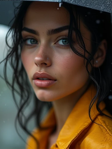 (Masterpiece.uhd.photorealistic) an ultra hot gorgeous European woman. Age 23. Voluptuous hourglass body.(gorgeous Baby face). Huge boobs (100 DDsize). (( extreme close up on her full deep yellow lips.)) rainy day.