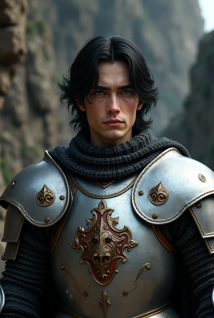 Caucasian young man 1, medium long black hair, very pretty black eyes. medieval style. With silver armor with brown and black details with a boar crest on the chest. 