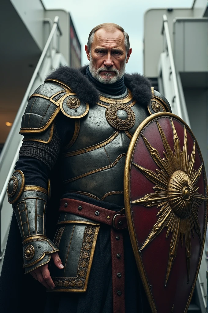 "Create a realistic image of president Vladimir Putin with white hair and a beard, dressed in ancient warrior armor, holding an ornate shield. The shield should have a detailed, sun-themed design. The man should have a stern expression, standing in a dramatic pose, with a modern background like an airplane staircase."
