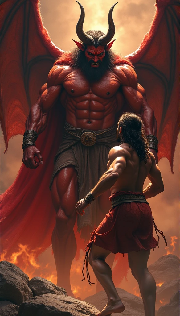 Generate a T-shirt design, muscular jesus destroying satan