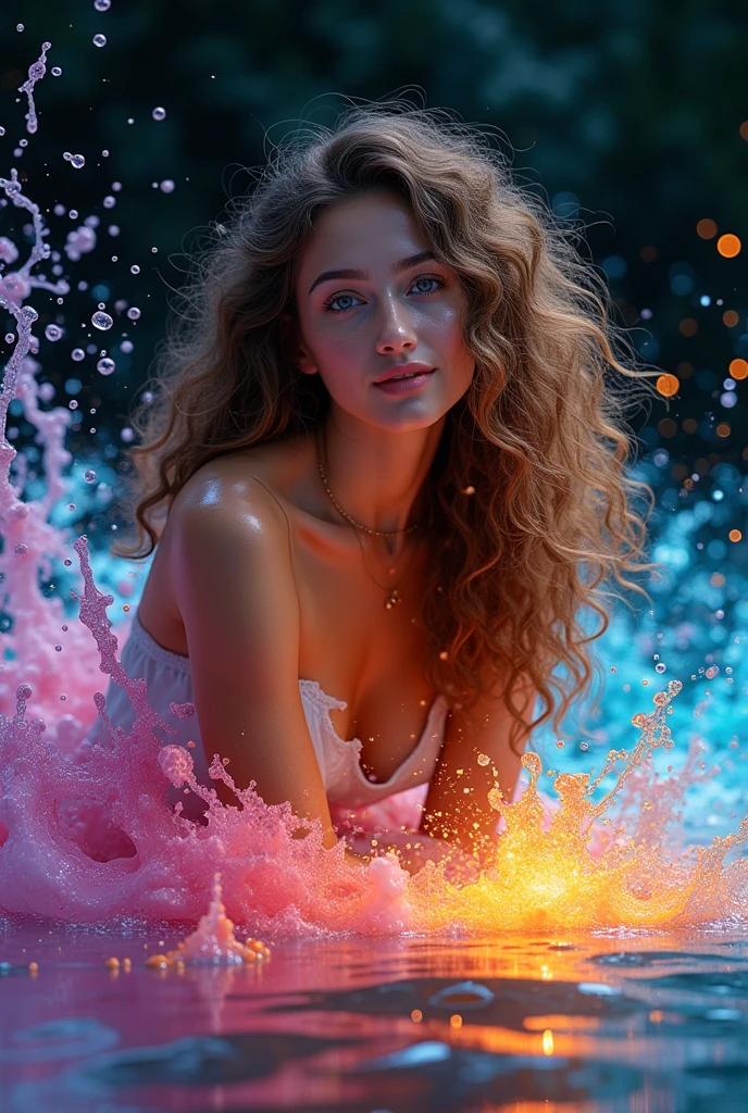 (photorealism:1.2), Expressing the flow of ink dancing in the wind.,Effects of water,colorful water,Goddess:governing the arts:Manipulate water:rich hair:sleeping:perfect face:beautiful::healthy,young,curly hair,ink splash,sparkling,bright colors,light reflection,Rich colors,abstract,3D,8k,High resolution,masterpiece,high quality,Detailed details,Rainbow colors,Laugh mischievously,complicated,design,funny,bright colors,splash of water,I invite you to the world of art,marvelous,dark background