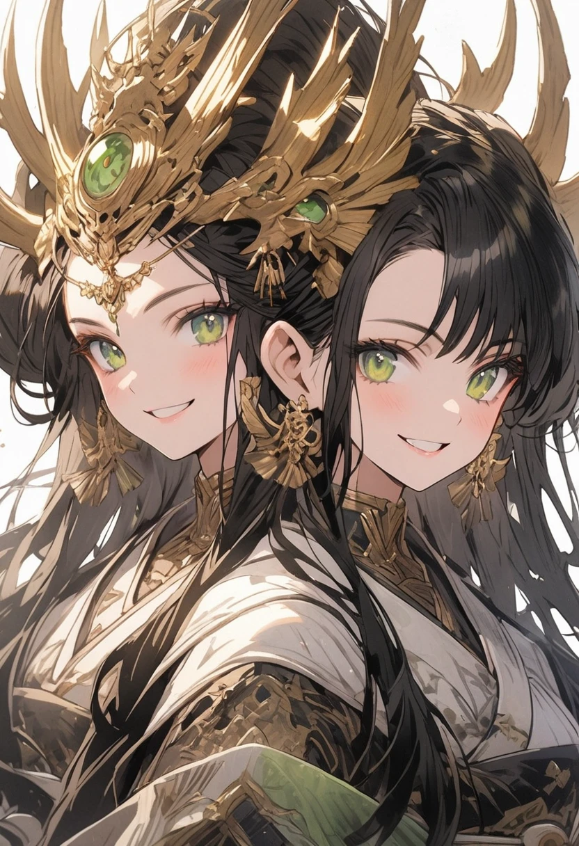 a black hair in a black shirt , green dragon eyes with smiling face , beautiful character painting , a beautiful fantasy empress